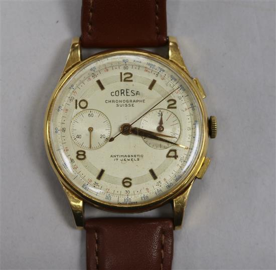 A gentlemans Coresa 18ct gold chronograph wrist watch.